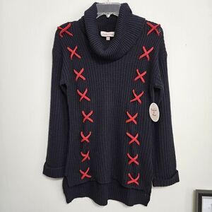 NWT Harlow & Rose Sweater Navy Blue Red Accent Feature Cowl Neck Hi-low Hem Sz S